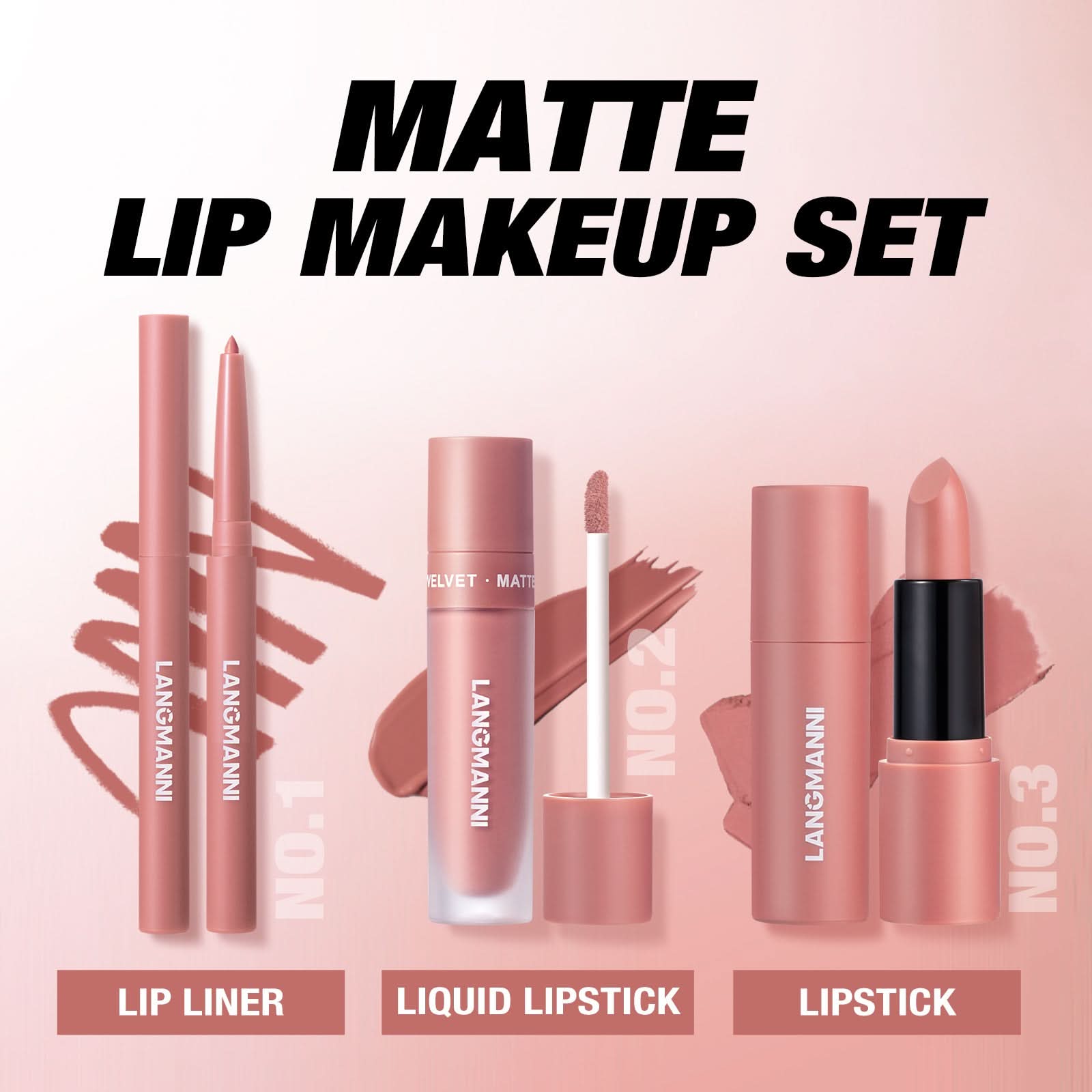 LANGMANNI 3-Piece Lip Kit – Matte Liquid Lipstick & Lip Liner Set