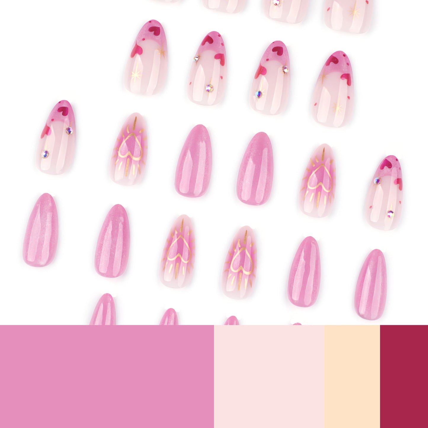 Romantic Pink Press-On Nails – Almond Shape with Glitter Hearts & Cat Eye Shine