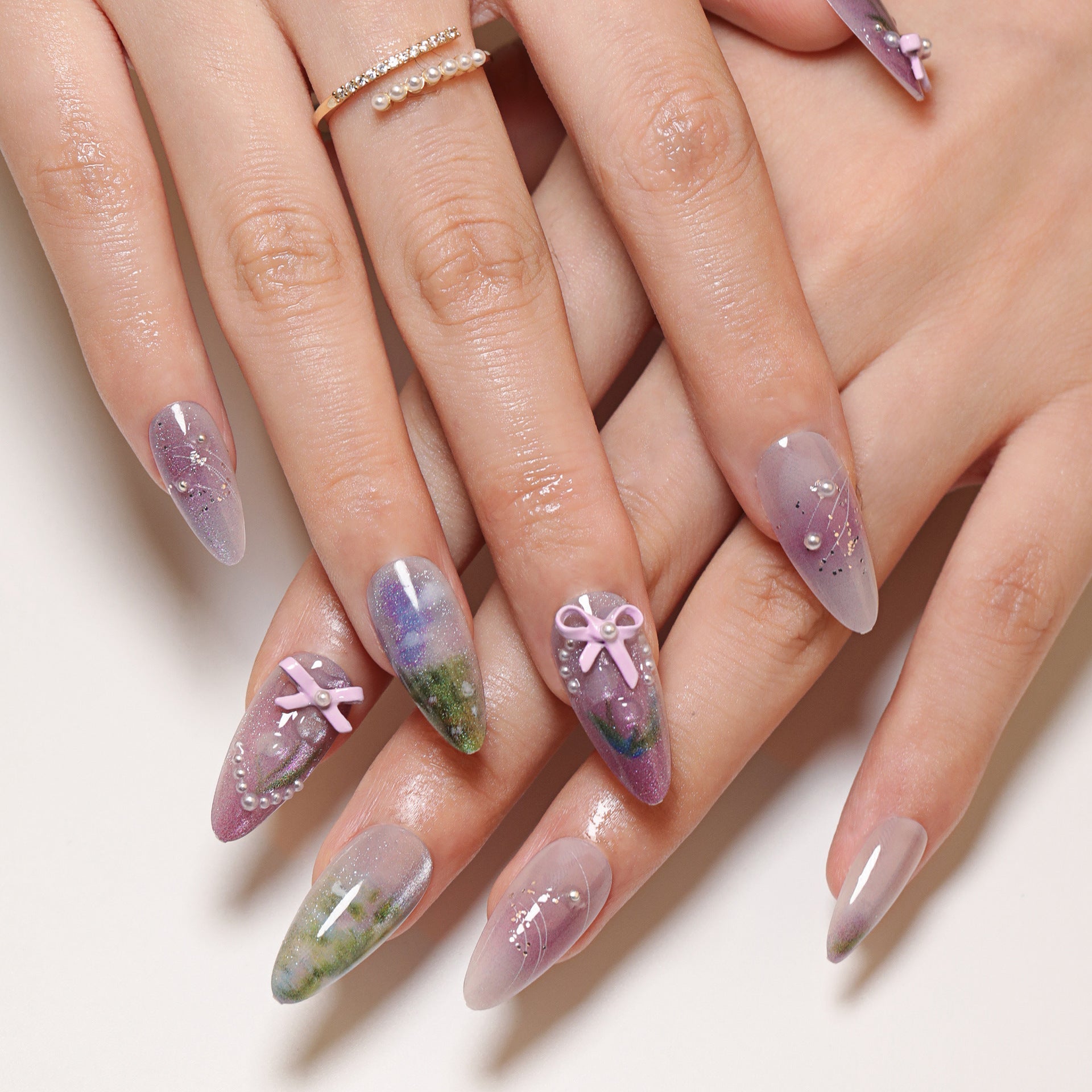 Whimsical Iridescent Almond Press-On Nails – 3D Bow & Pearl, Long Artistic Glue-On Set