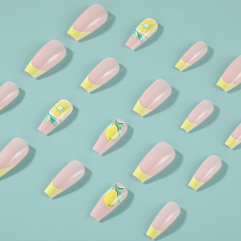 Fresh Lemon French Tip Press-On Nails – Square Acrylic Set with 3D Fruit Design