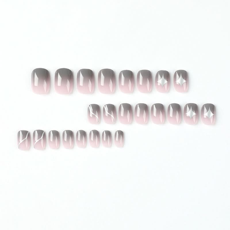 Nude Pink & Gray Gradient Press-On Nails – Short Oval, Glossy Star Design