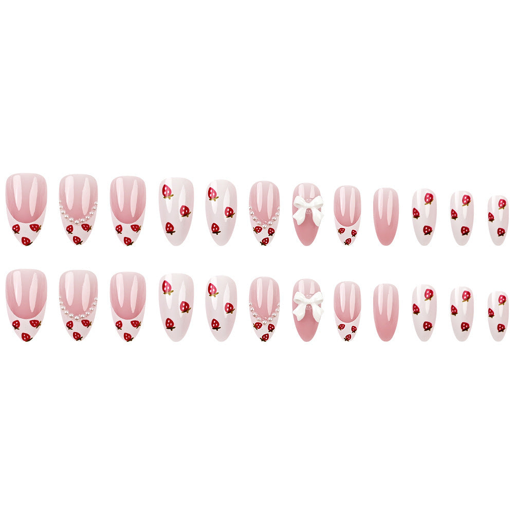 Strawberry French Tip Press-On Nails – Medium Acrylic Tips with Bow and Diamond Accents