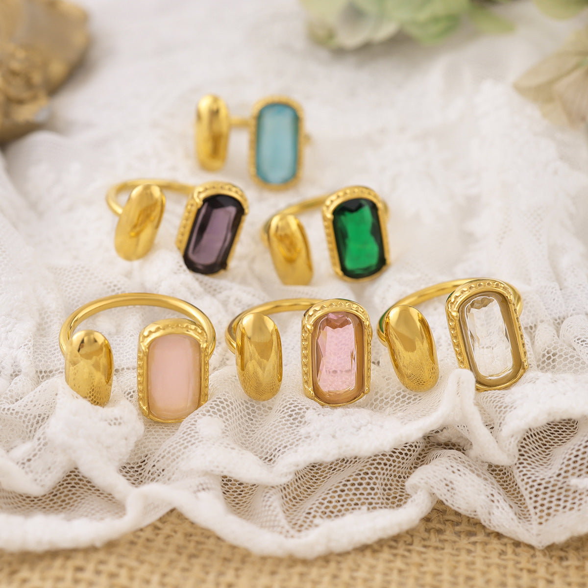 Gold Oval Zircon Ring for Women – Retro Geometric Stainless Steel Adjustable Jewelry