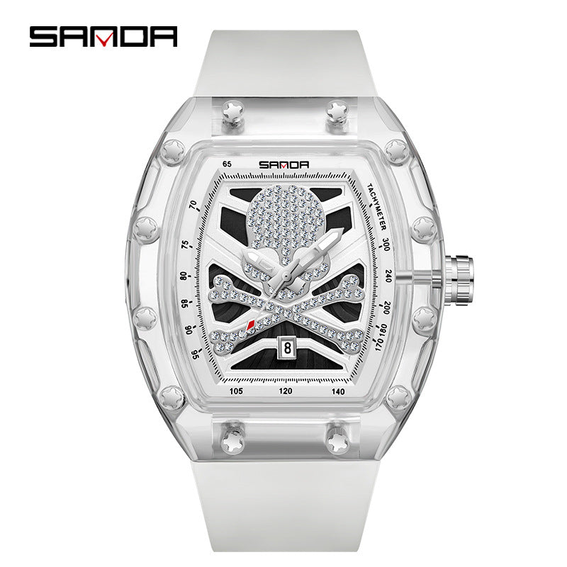 SANDA Skull Quartz Watch – Luminous Calendar, Waterproof Casual Watch