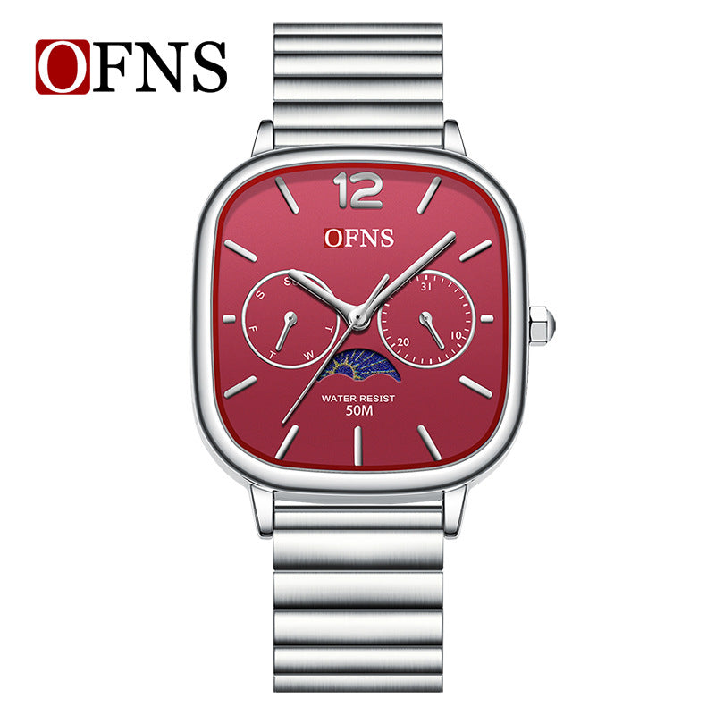 OFNS Square Quartz Watch with Moon Phase & Calendar – Waterproof Business Unisex Watch