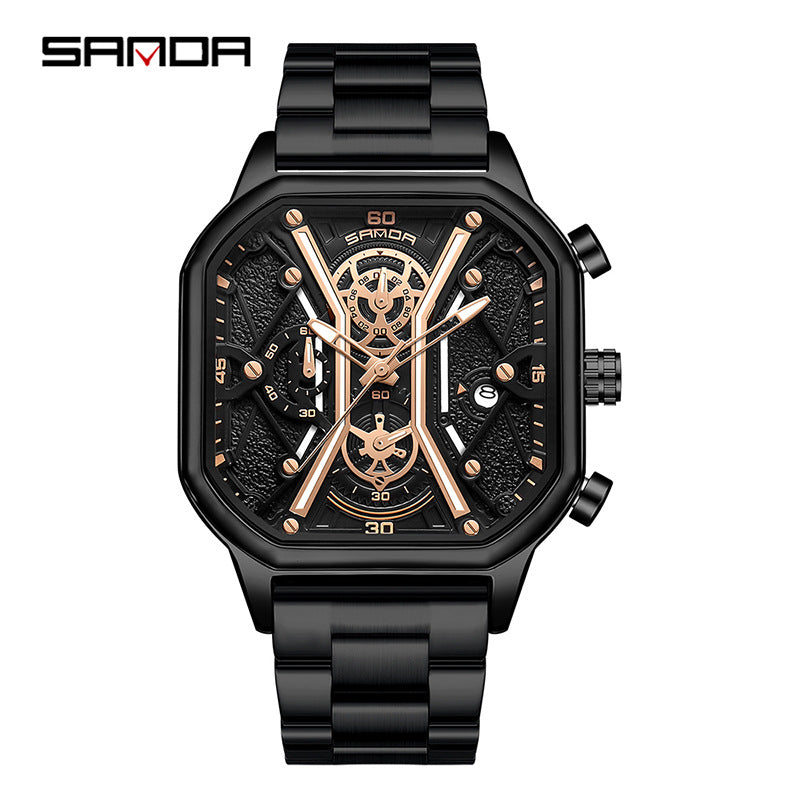 SANDA Men's Square Quartz Watch – Luminous Calendar Waterproof Stainless Steel Strap