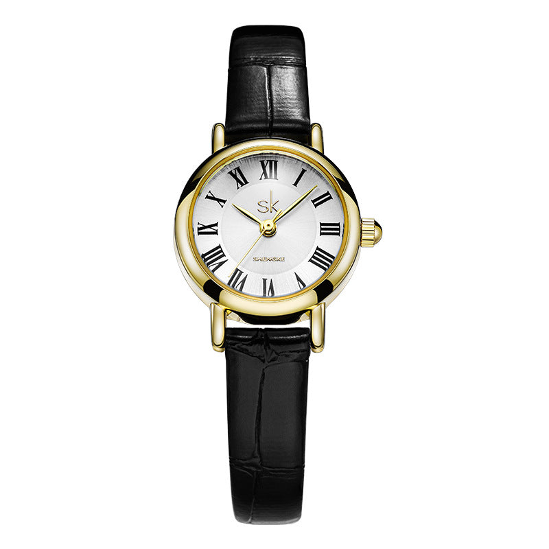 SK Women’s Black Quartz Watch – Leather Strap, 30M Waterproof Round Dial Casual Watch
