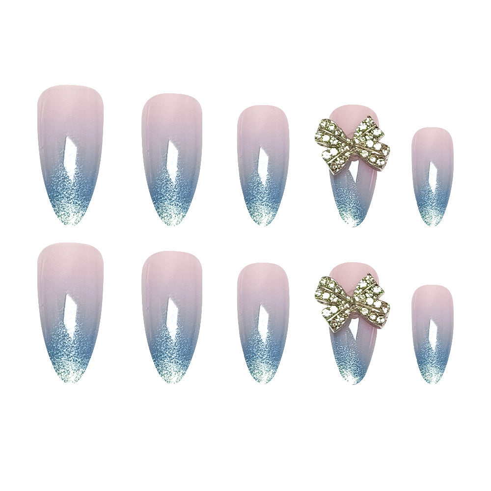 Blue Ombre Glitter Press-On Nails with 3D Bow – Long Stiletto Acrylic Set