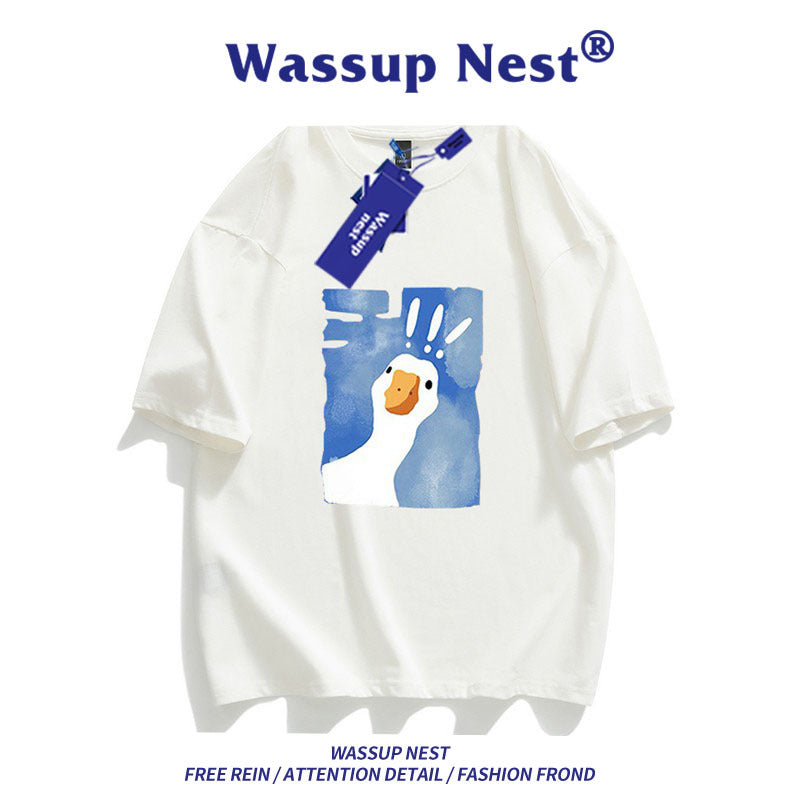 Men’s Cartoon Print Cotton T-Shirt – Klein Blue Summer Tee, Loose Fit, Short Sleeve
