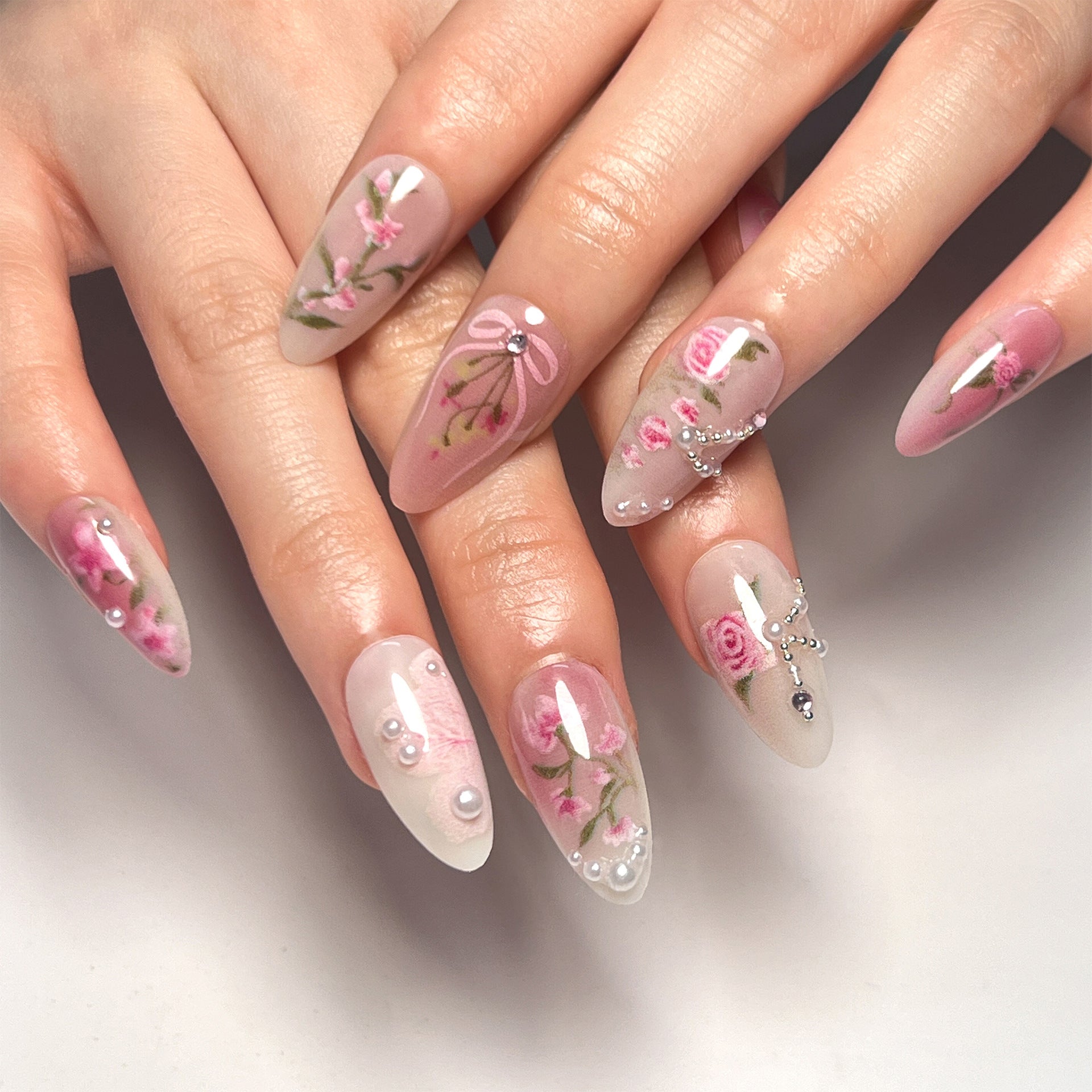 Romantic Rose Press-On Nails – Long Almond Floral Design with Pearls & Bows