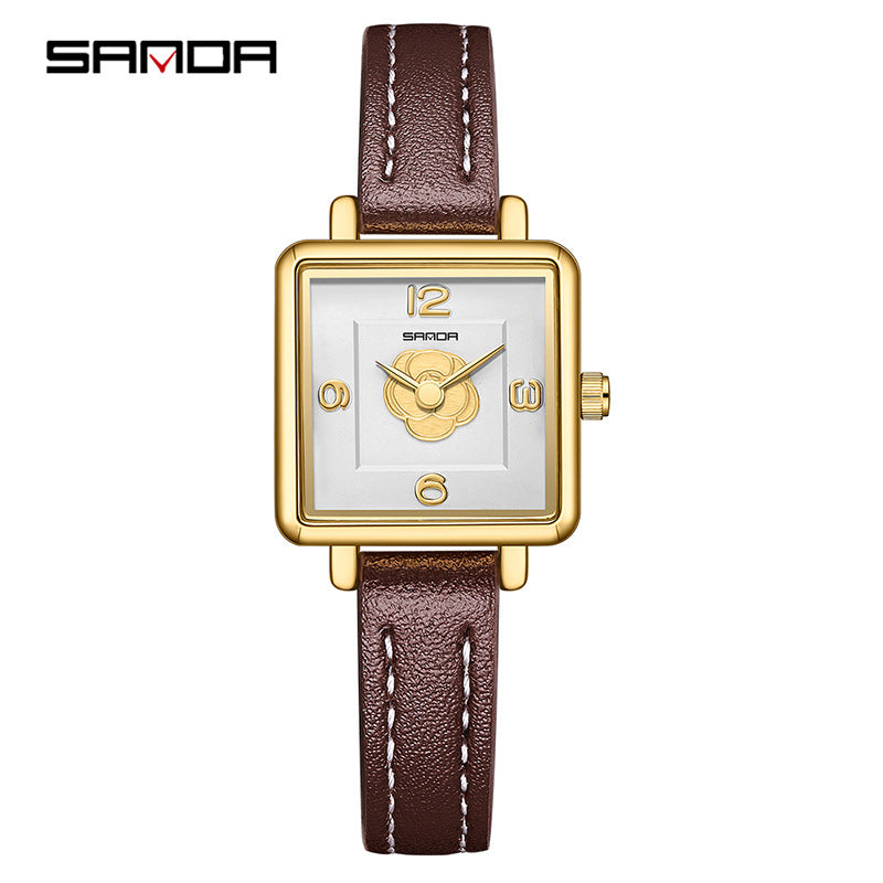 Sanda Women’s Square Quartz Watch – Waterproof Leather Strap Casual Analog Watch