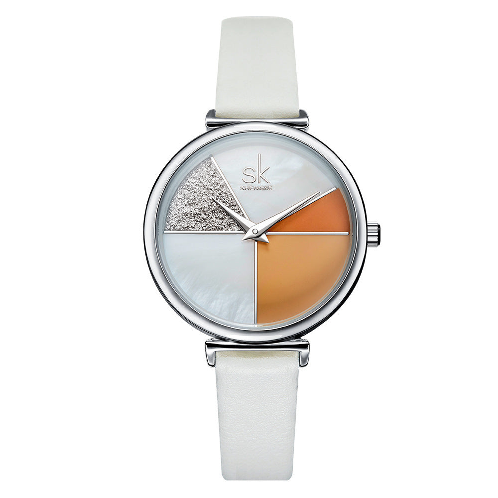 SK Women’s Quartz Watch – Glitter Shell Dial with Leather Strap, Waterproof Wristwatch