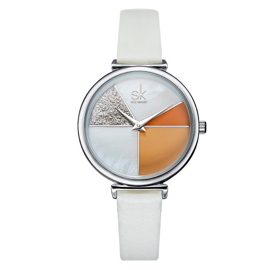 SK Women’s Quartz Watch – Glitter Shell Dial with Leather Strap, Waterproof Wristwatch