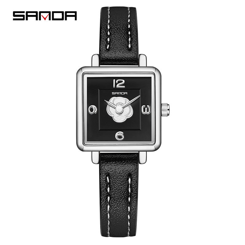 Sanda Women’s Square Quartz Watch – Waterproof Leather Strap Casual Analog Watch