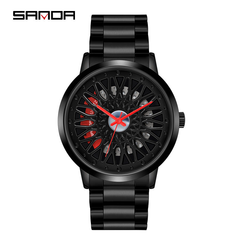 Sanda Men’s Quartz Watch – Hollow Wheel Dial, Stainless Steel Band Casual Timepiece