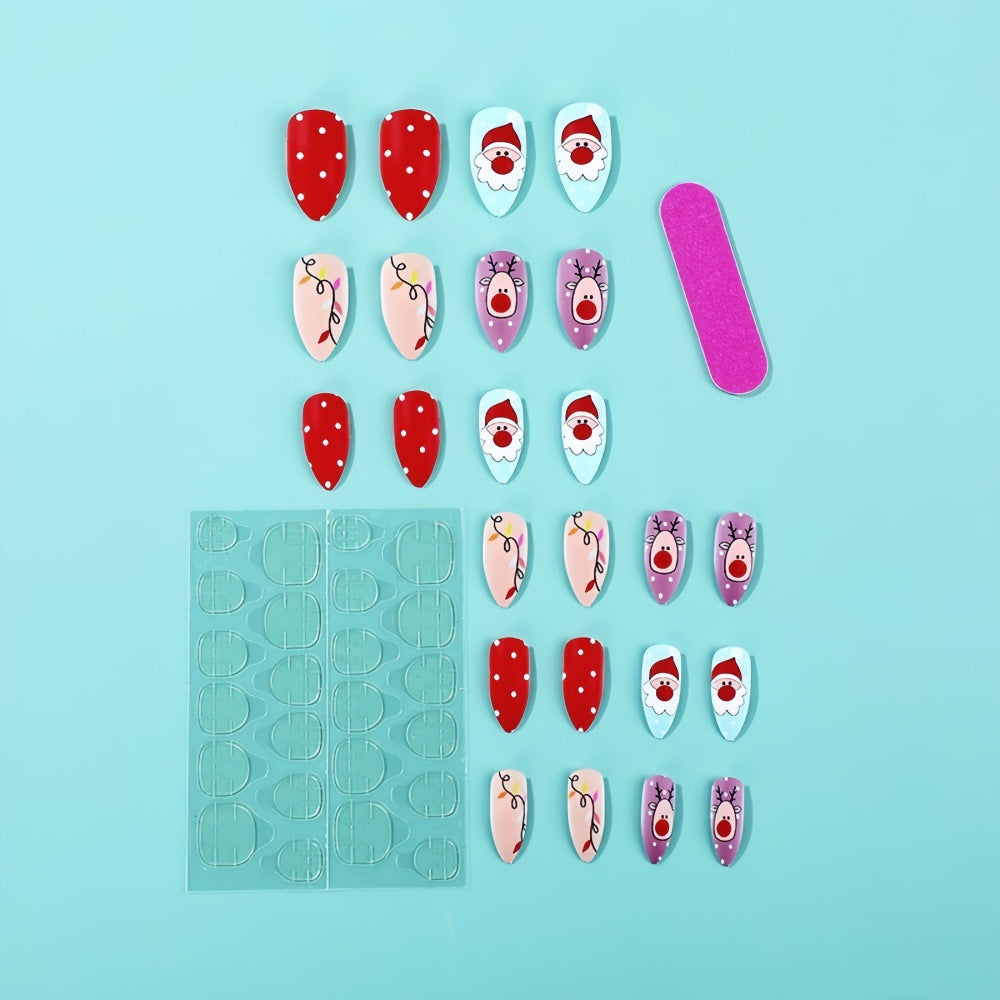 Festive Santa & Reindeer Almond Press-On Nails – Medium Glue-On Acrylic Set