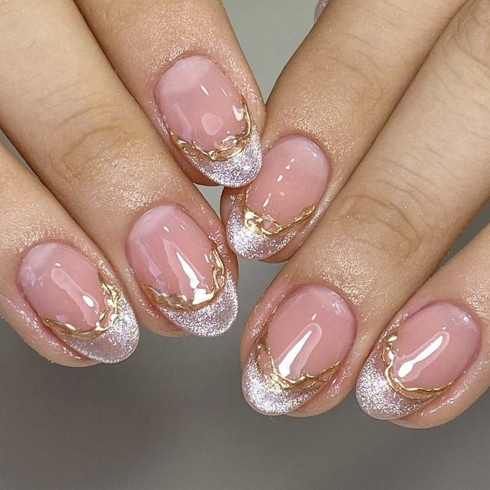 Gold Accent Press-On Nails – Medium Almond Acrylic Nail Set, Nude French Tips