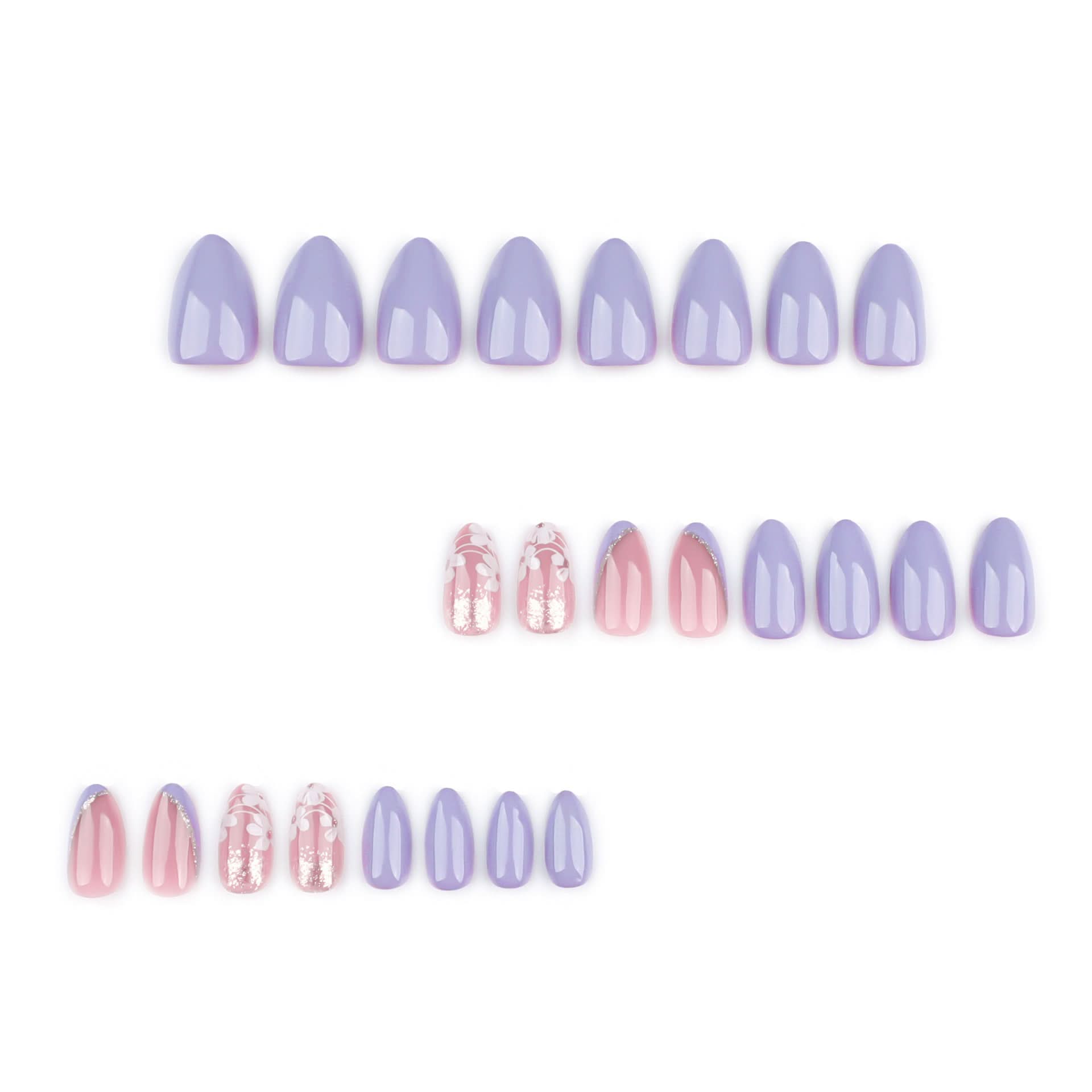 French Purple Press-On Nails – Beveled Tip Fake Nails with White Floral Design