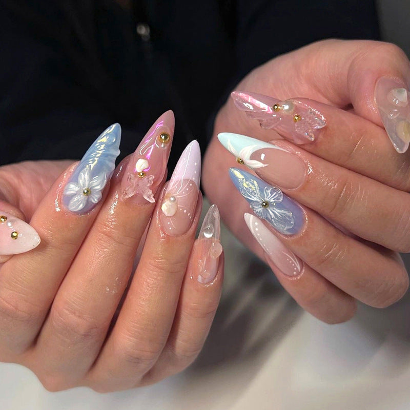 Elegant 3D Floral Stiletto Press-On Nails with Pearls – Long Acrylic Glue-On Nail Art
