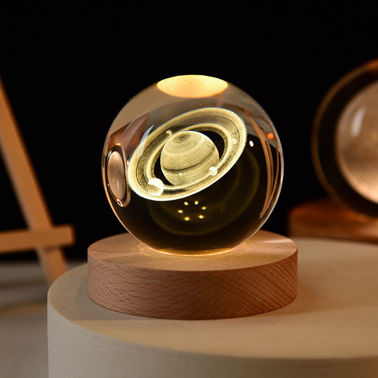 Astronaut Crystal Ball Night Light – 3D Carved Solar System LED Lamp with Wooden Base