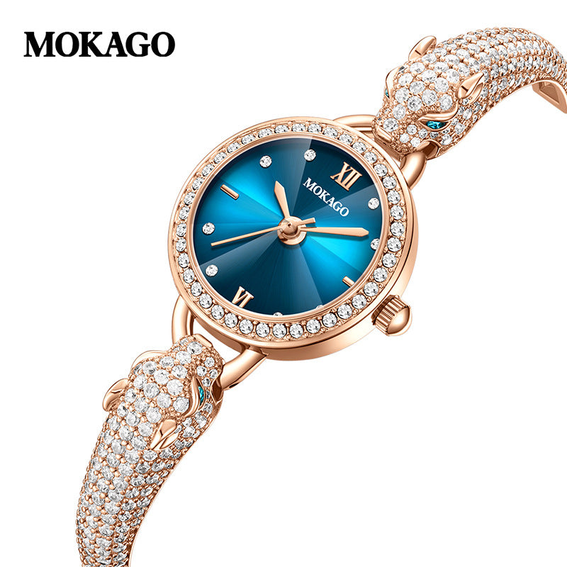 Mokago Women’s Diamond Leopard Head Quartz Watch – Fashion Bracelet Timepiece