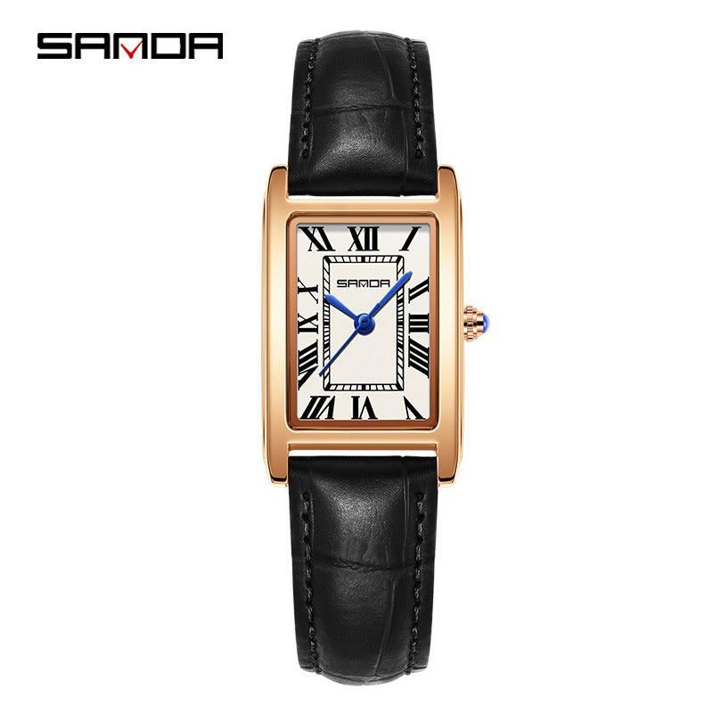 SANDA Retro Square Quartz Watch – Leather Strap Casual Watch for Men & Women
