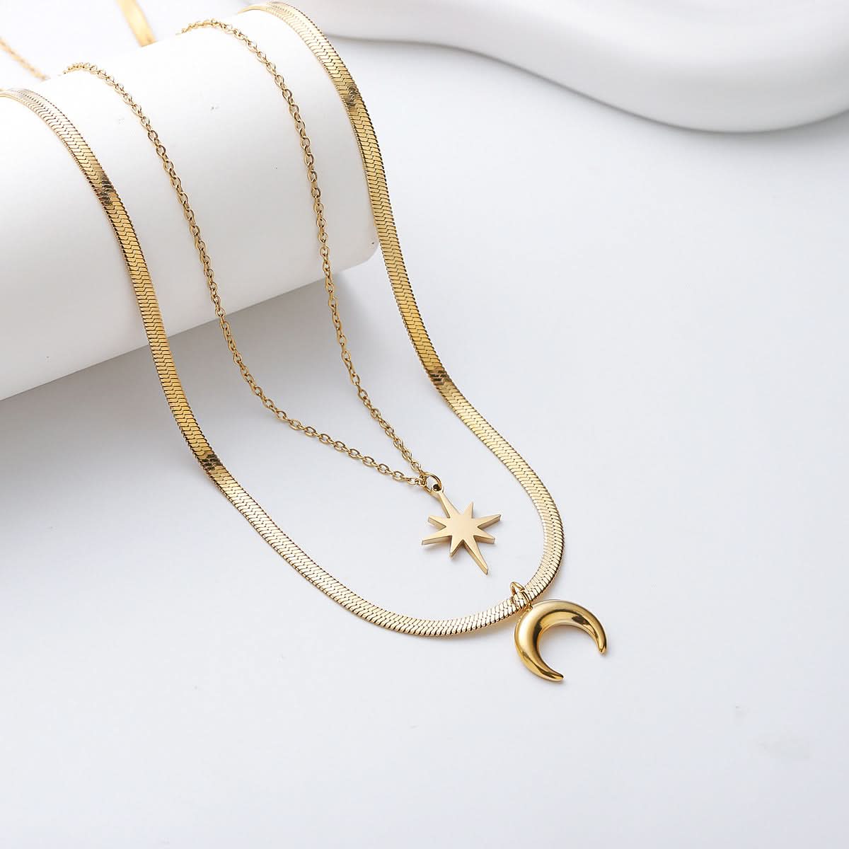 Men's Double-Layer Moon Necklace – Star and Moon Pendant