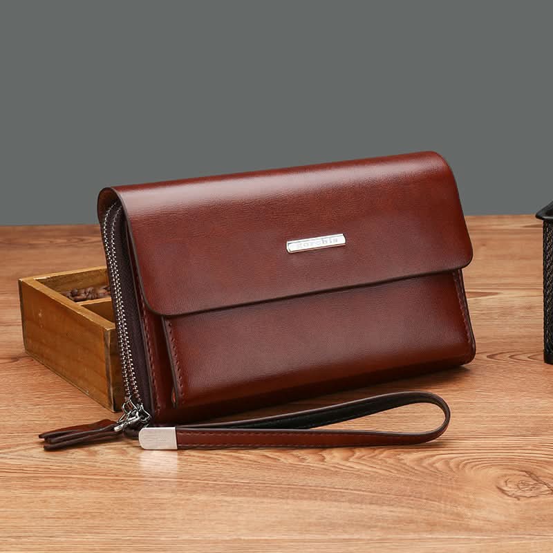Men’s PU Leather Business Handbag – Double Zipper Wallet & Travel Clutch