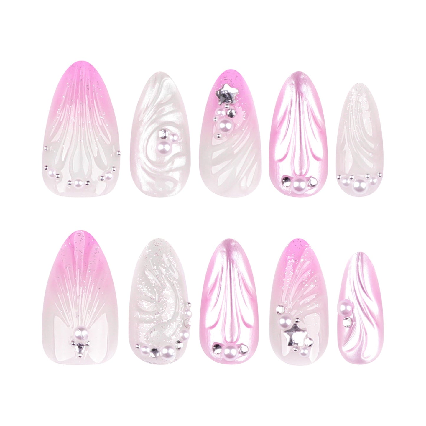 3D Gradient Pink Press-On Nails – Coffin Glossy Shell Design with Rhinestones