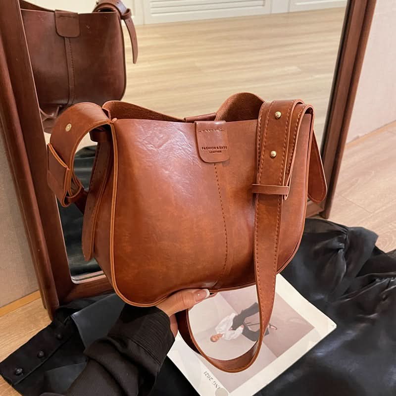 Women's Retro PU Leather Bucket Shoulder Bag – With Magnetic Closure