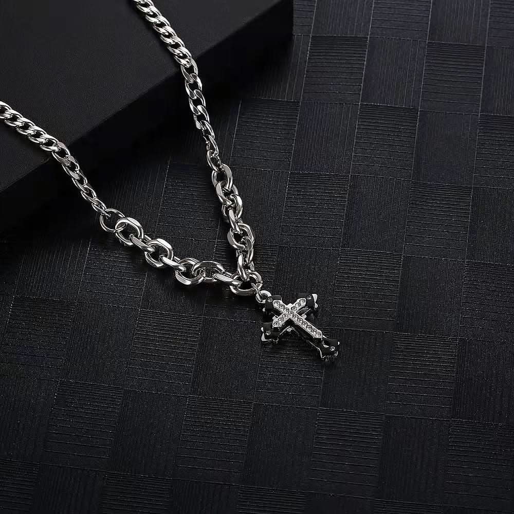 Men’s Hip-Hop Cross Necklace – Titanium Steel, Diamond-Studded Pendant