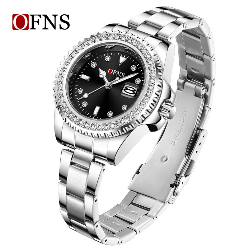 OFNS Women’s Luxury Quartz Watch – Diamond Inlaid Dial, Calendar Display, Steel Strap
