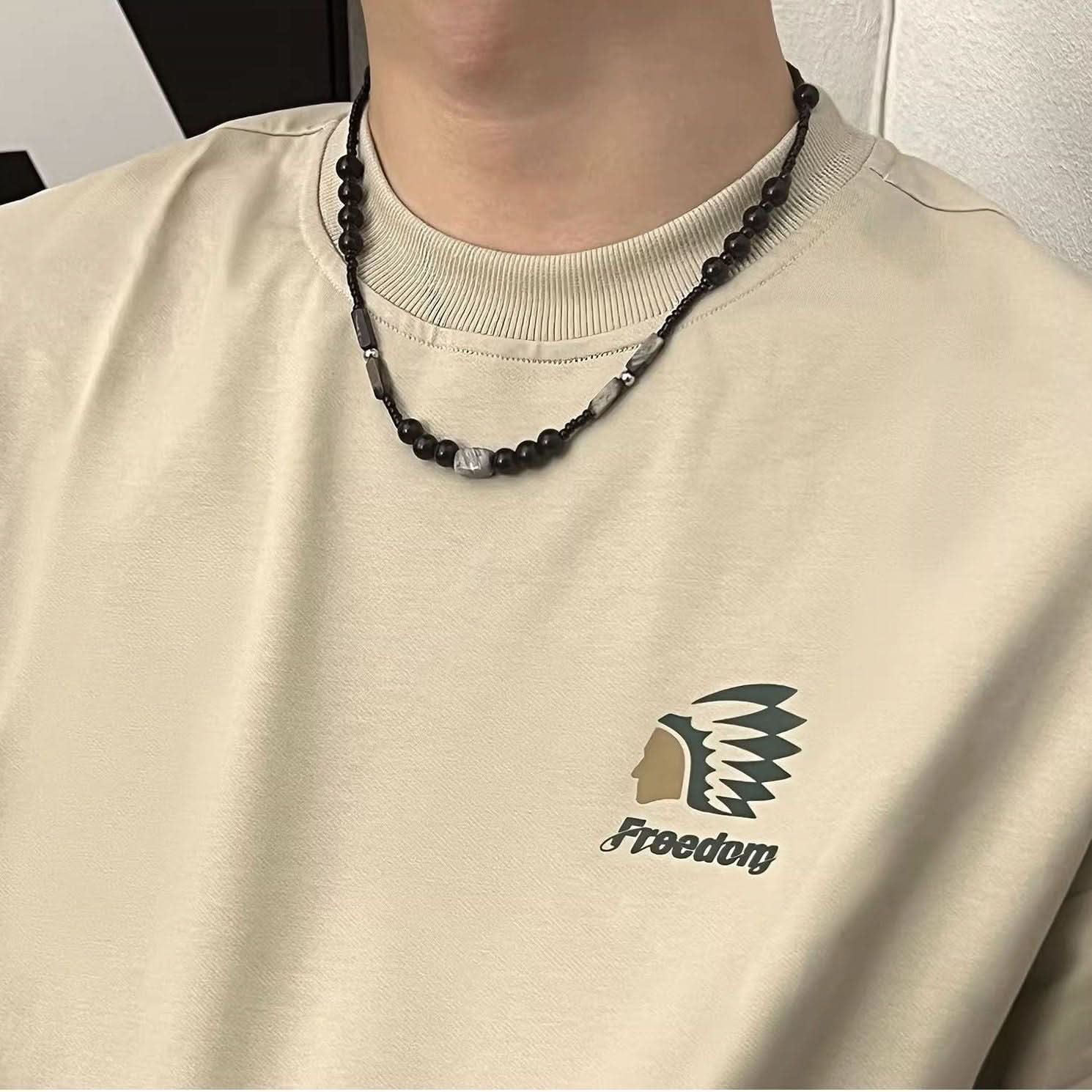 Men’s Black Beaded Necklace – Trendy Natural Design