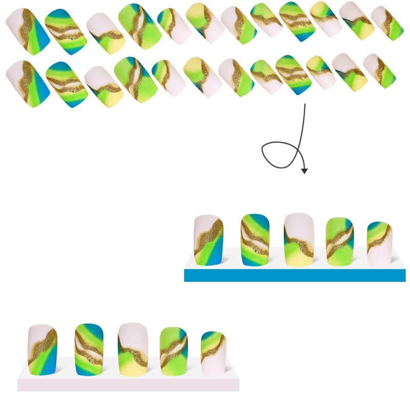 Wearable Fluorescent Green Nail Tips – Gold Edge Gradient Nail Art Patches