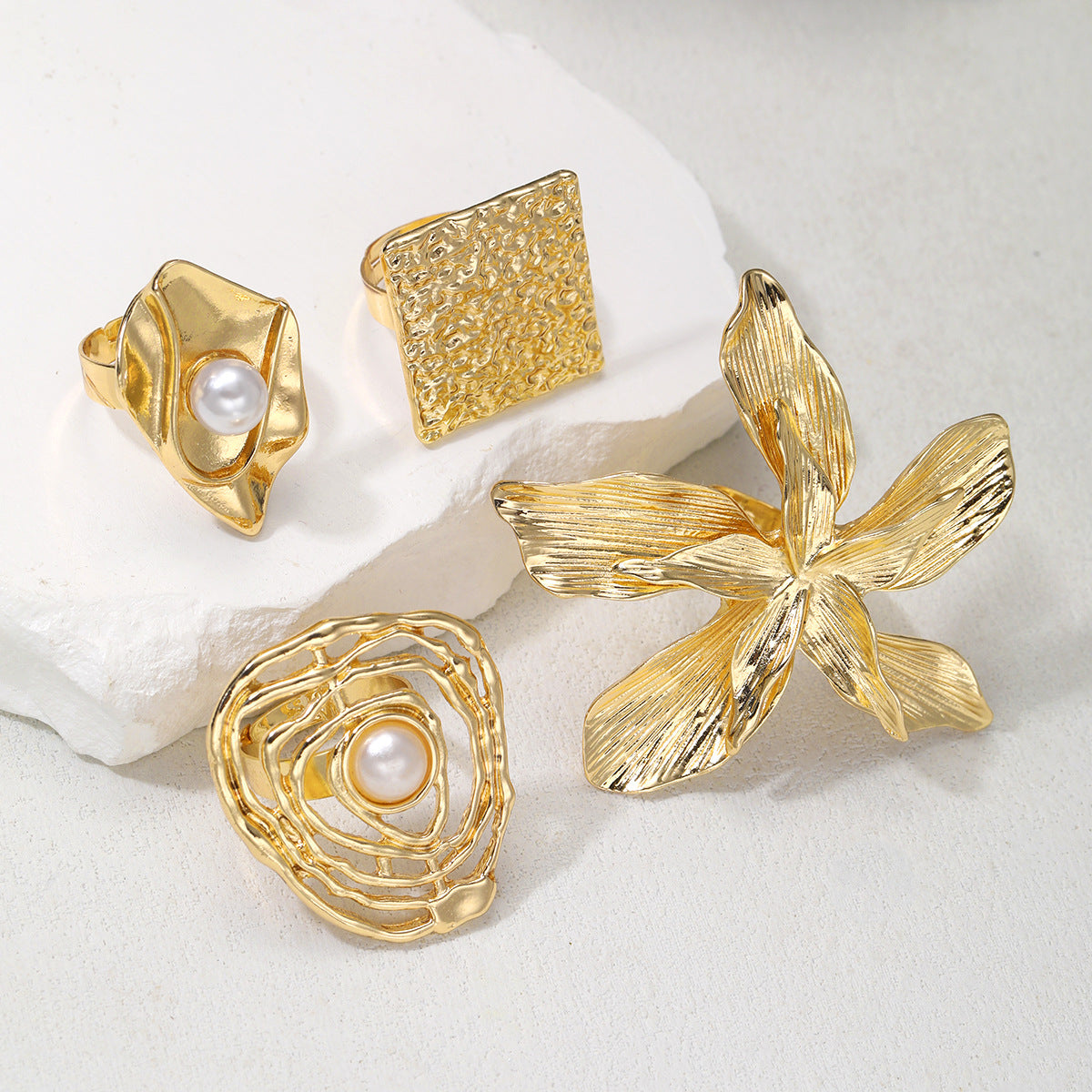 Irregular Flower Ring Set – 4-Piece Gold Alloy Women’s Rings, Trendy Statement Jewelry