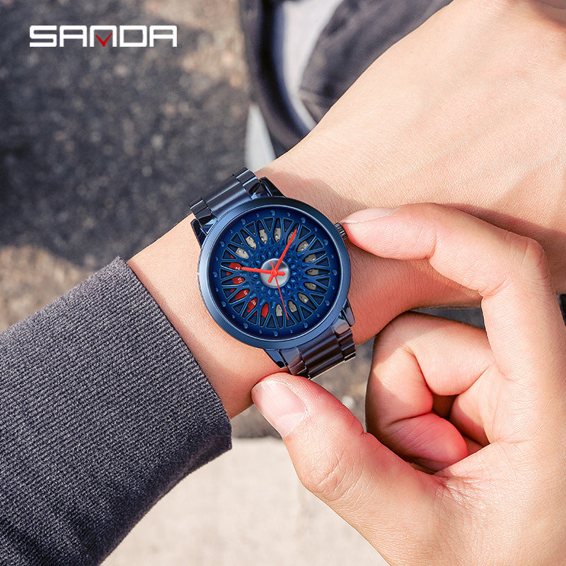 Sanda Men’s Quartz Watch – Hollow Wheel Dial, Stainless Steel Band Casual Timepiece