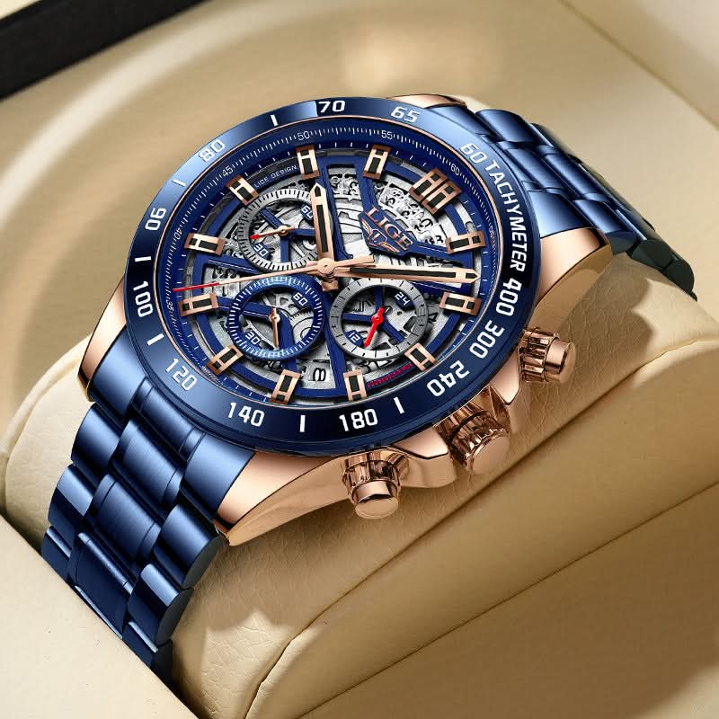 Men’s Skeleton Quartz Chronograph Watch – Stainless Steel Wristwatch