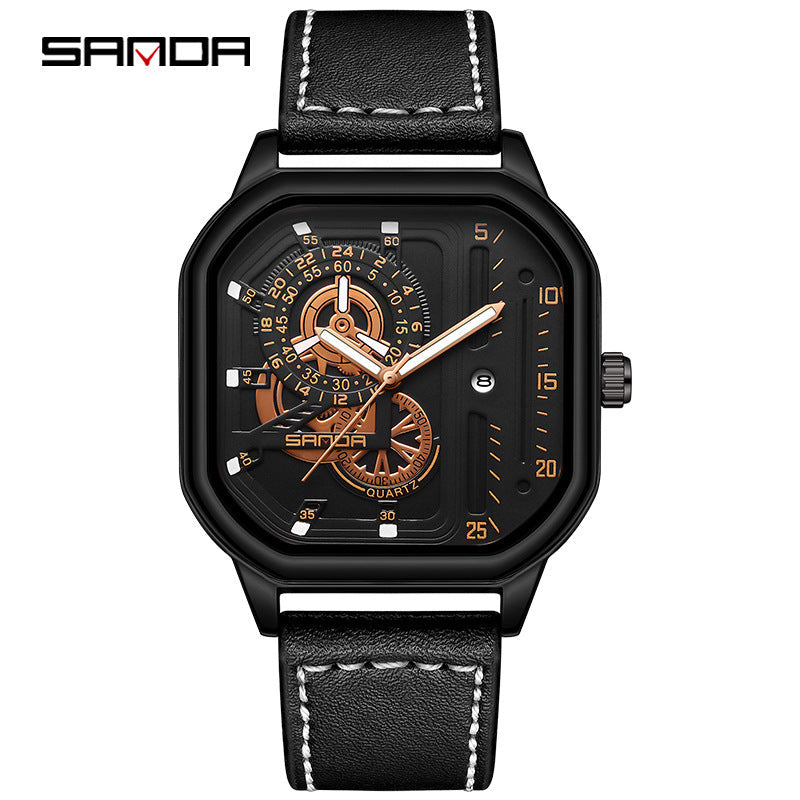 Sanda Men’s Leather Quartz Watch – Square Dial, Luminous Hands Casual Timepiece