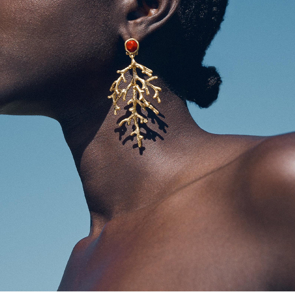 Retro Coral Pendant Earrings for Women – Textured Alloy Ocean Style Jewelry
