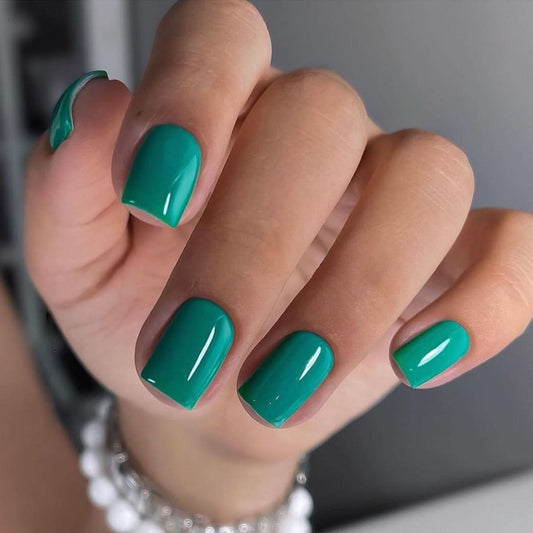 Glossy Teal Square Press-On Nails – Short, Solid Color, Reusable