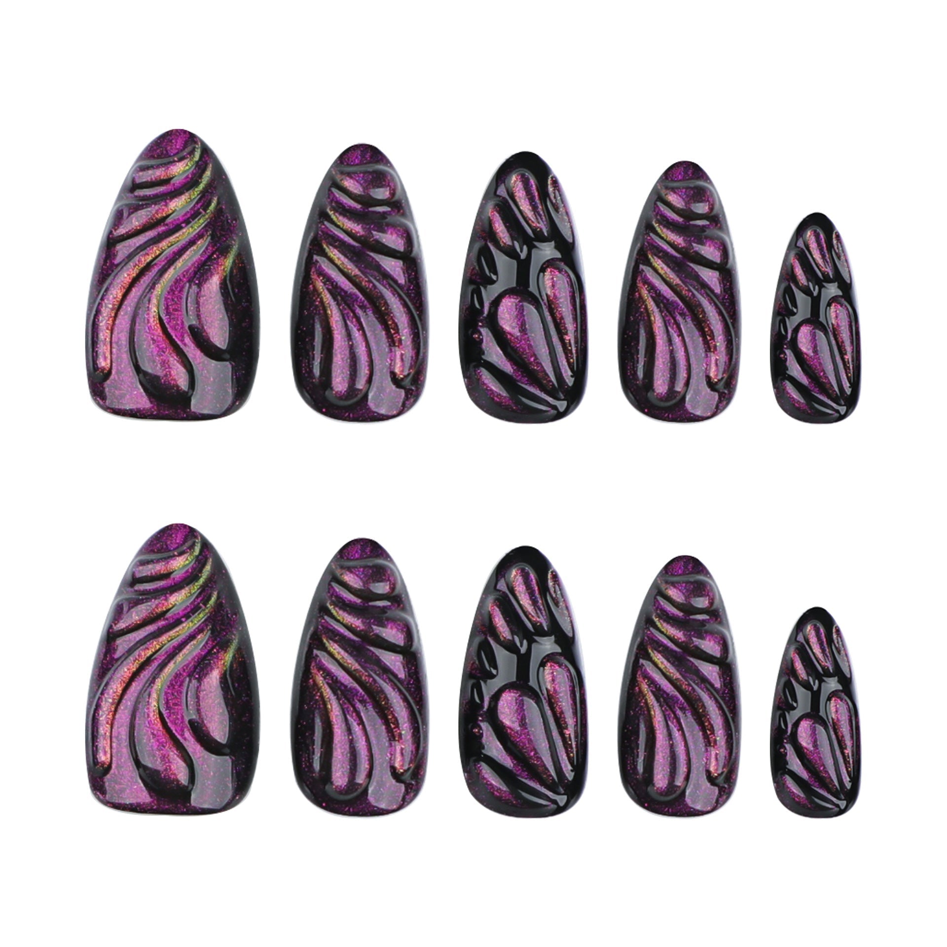 Long Almond Purple & Black 3D Press-On Nails – Glittery, Glossy, Artistic Design
