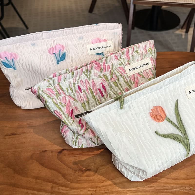 Fresh Tulip Canvas Makeup Bag – Large-Capacity Travel Cosmetic Pouch