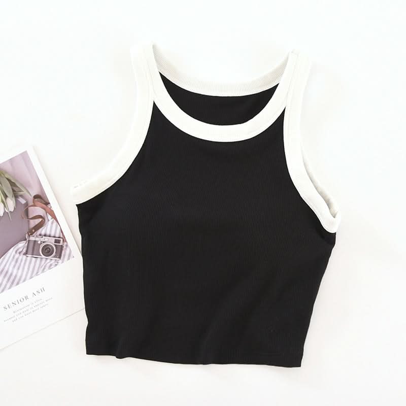 Women's Padded Tank Top – Sleeveless Contrast Color Crop Vest with High Neck