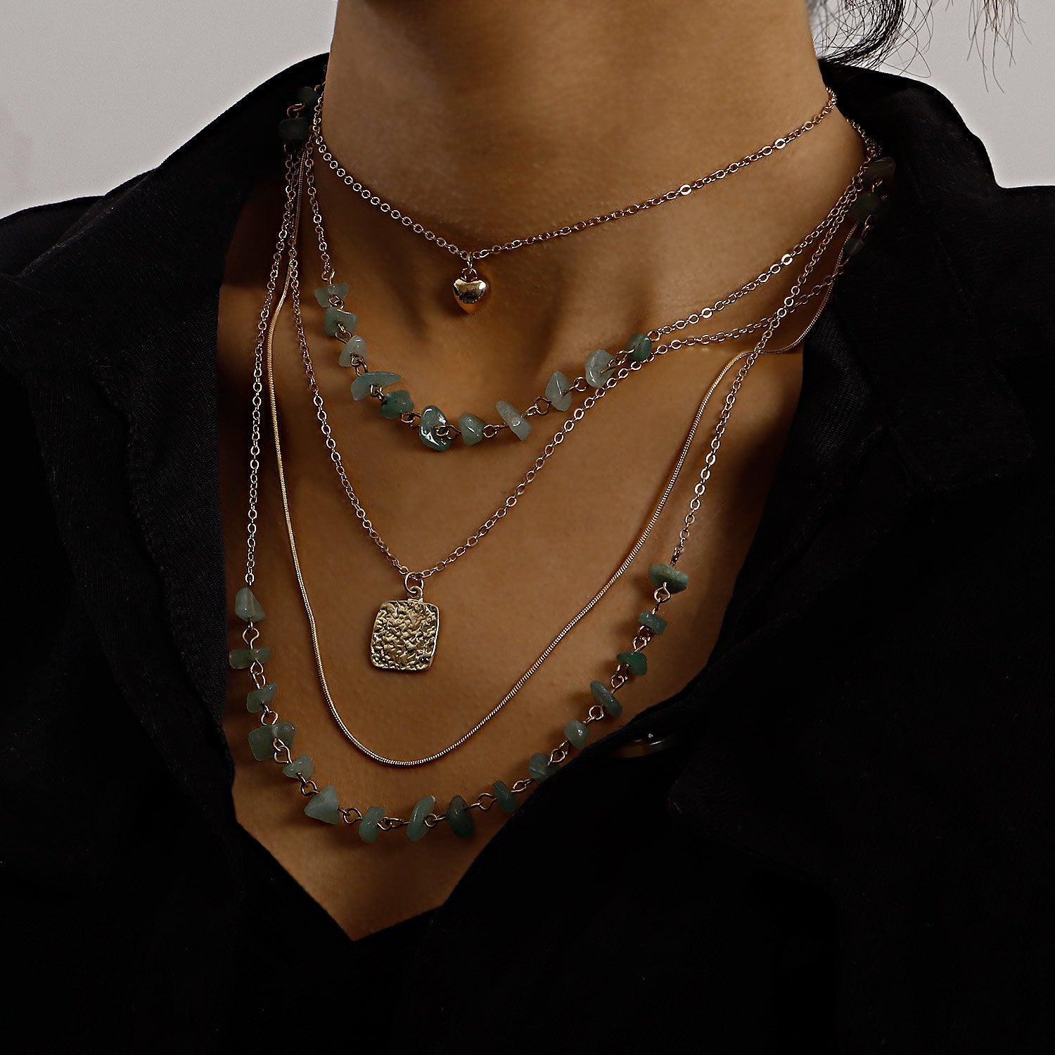 Vintage Turquoise Heart Pendant Necklace – Multi-Layer Chain Jewelry for Women