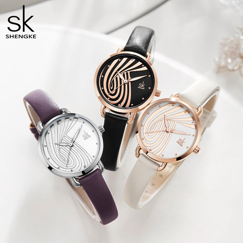 SK Women’s Quartz Watch – Simple Round Dial, Thin Leather Strap, Waterproof Wristwatch