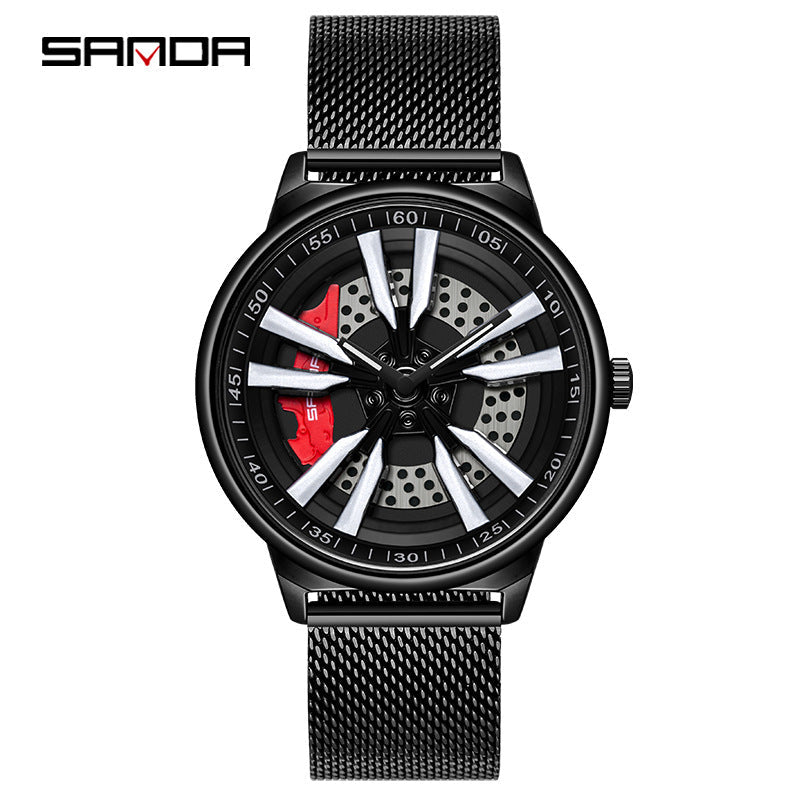 Sanda Men’s Mesh Stainless Steel Quartz Watch – Hollow Dial Analog Wristwatch