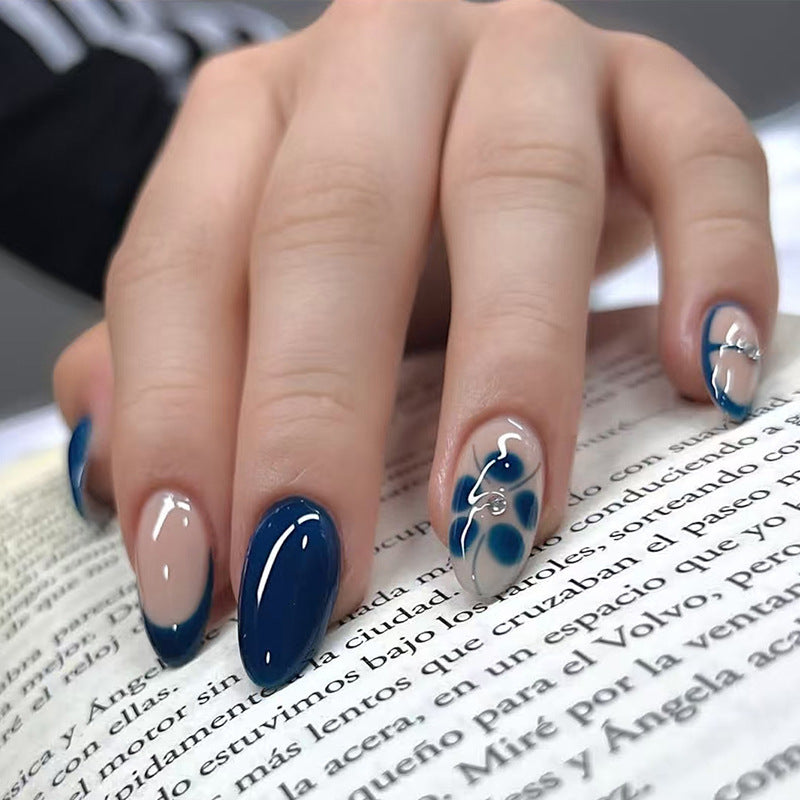 Navy Blue Almond Press-On Nails – Floral Half-Moon Medium Glossy Nail Art