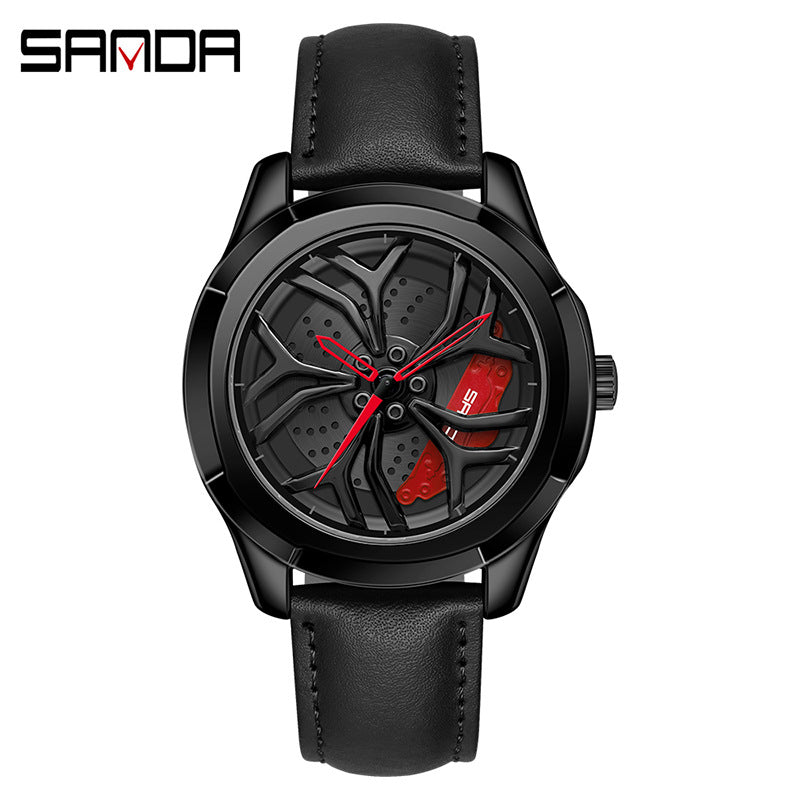 Sanda Men's Quartz Watch – Hollow Wheel Design, Leather Strap, Waterproof Timepiece