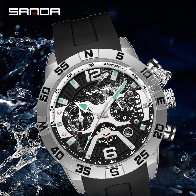 SANDA Men’s Silicone Quartz Watch – Three-Eye Six-Needle Waterproof Fashion Timepiece