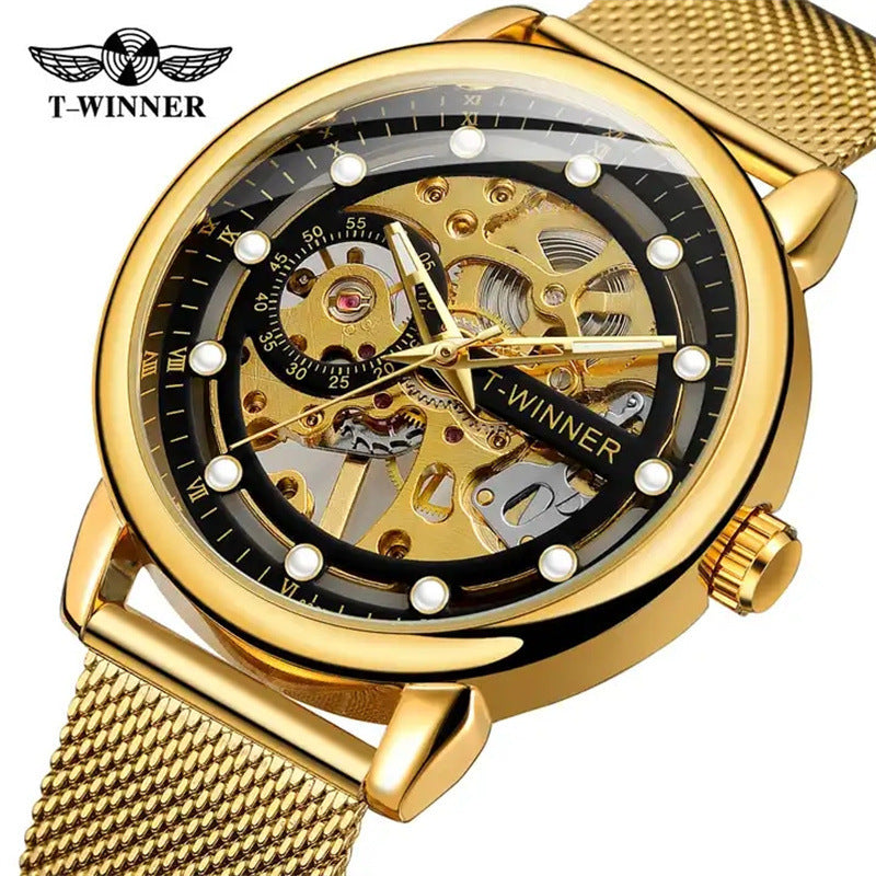 T-Winner Men’s Hollow Mechanical Watch – Mesh Strap, 30M Waterproof, Fashion Casual